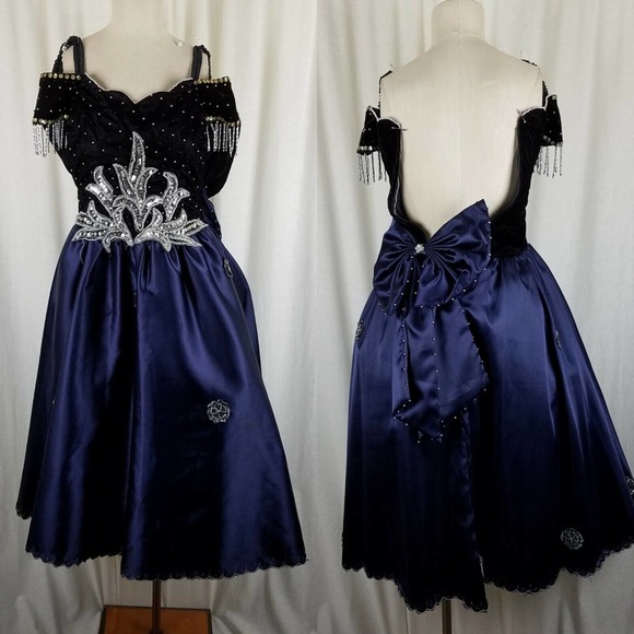 Vintage Navy Blue Velvet Chiffon Jeweled Prom Pageant Dress Junior 2XL Womens XS - Picture 1 of 10